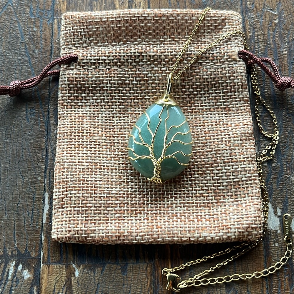 Brand New Wire-Wrapped Green Aventurine Drop Pendant with Stainless Steel Chain